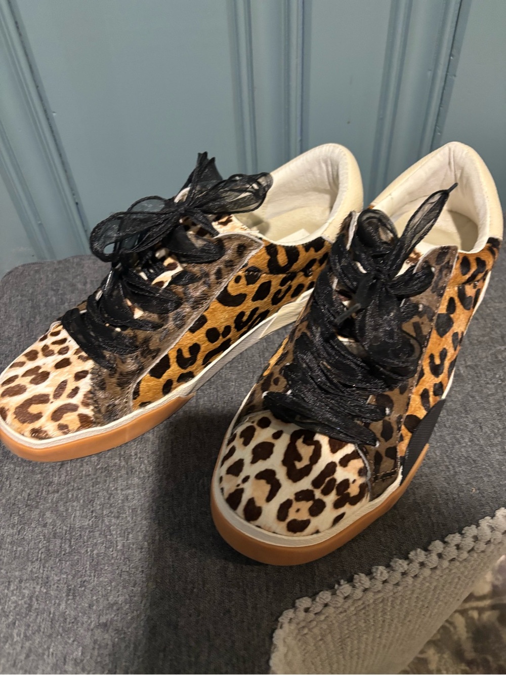Dolce Vita Leopard Haircalf Sneakers with Black Ribbon Laces